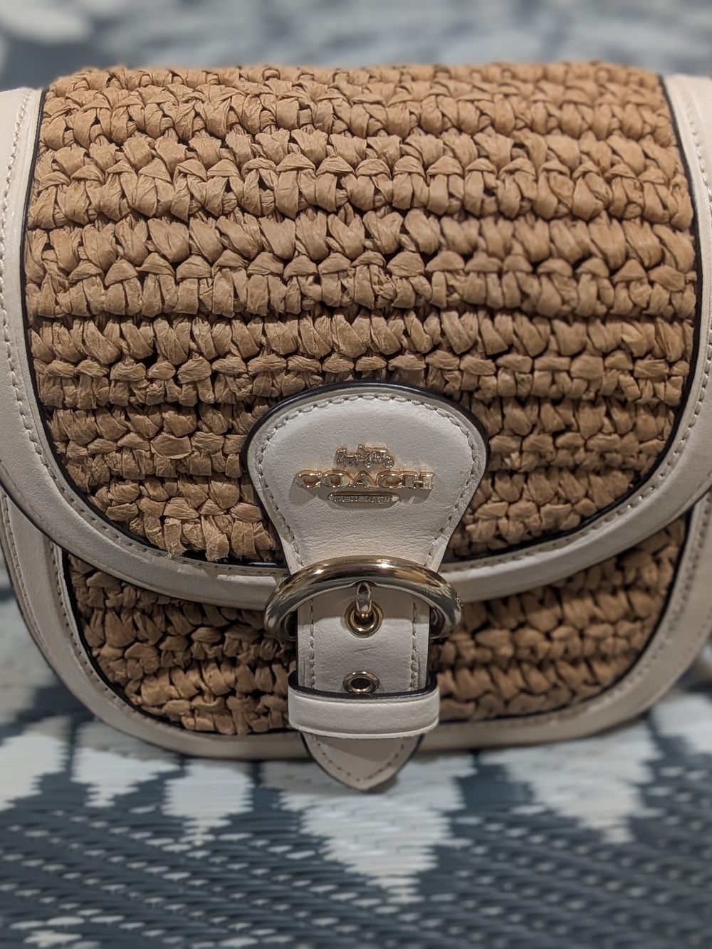 Coach CA547 Kleo Shoulder Bag 17 Natural Straw & White Leather Crossbody - GUC